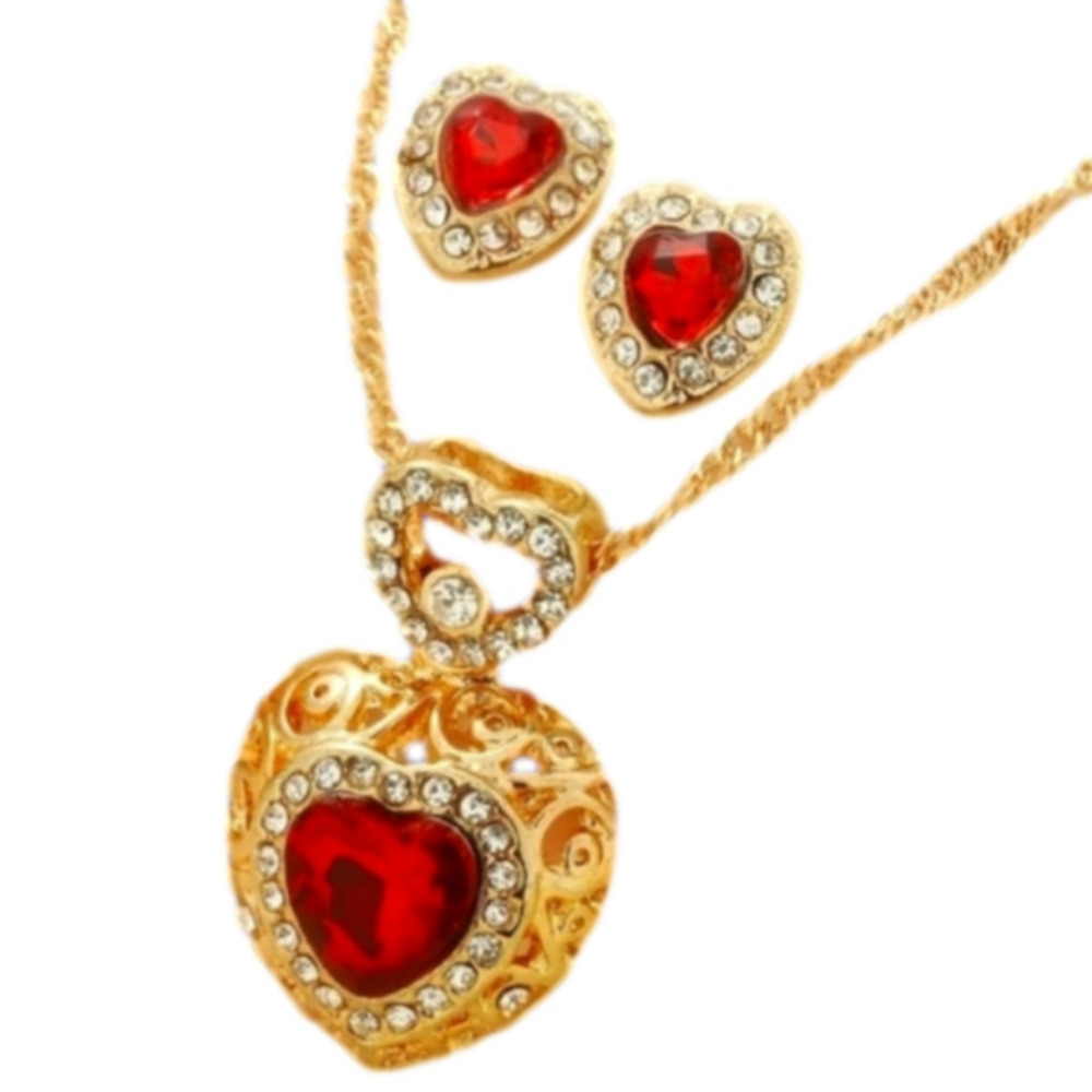 Red β₯ Heart Rhinestone Gold Tone 3 Piece Necklace Pierced ER NWT π Fashion